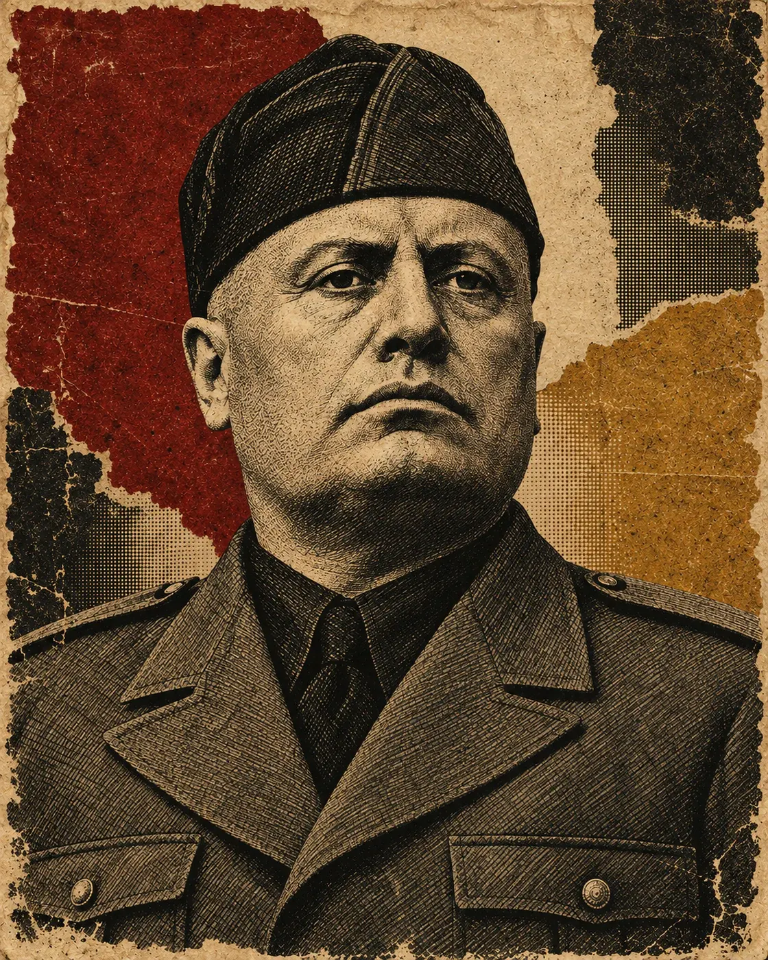 Historical portrait of Benito Mussolini in poster treatment