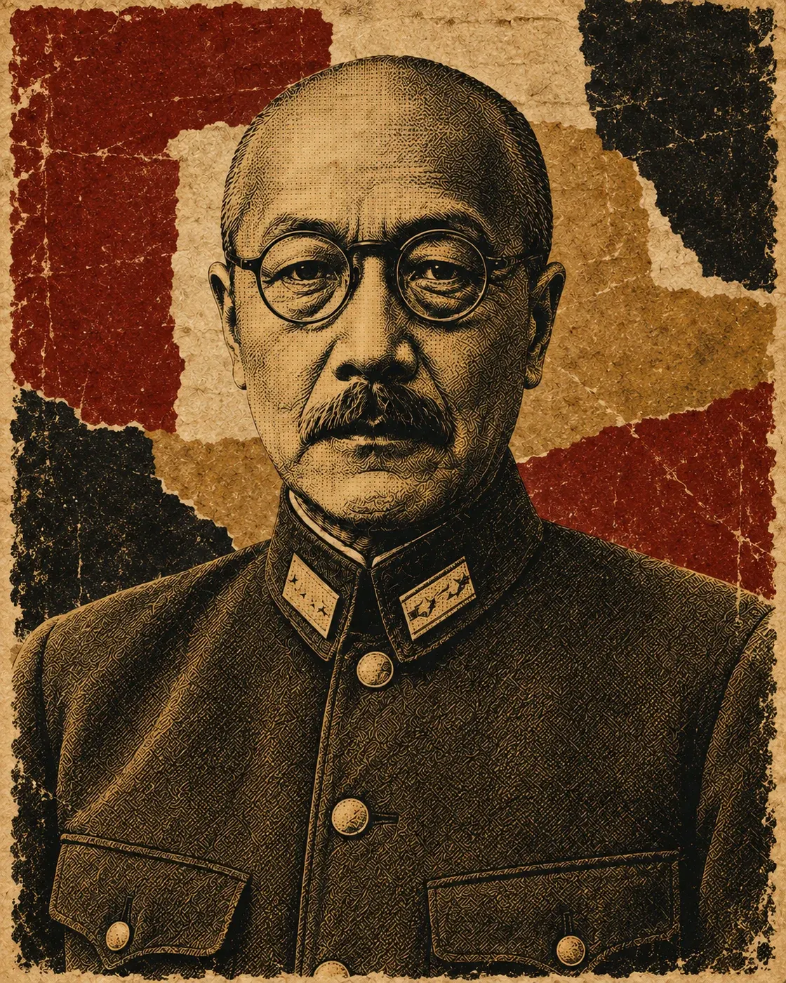 Poster-style historical portrait of Hideki Tojo in Japanese army uniform