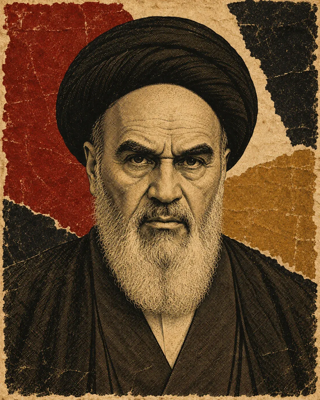 Historical portrait of Ruhollah Khomeini in poster treatment