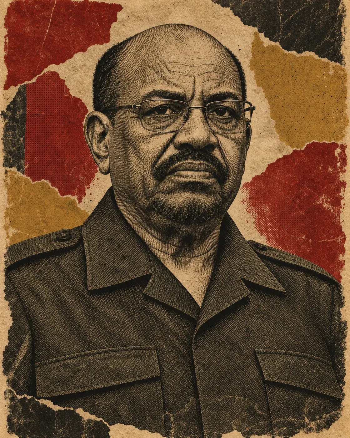Original etched dossier portrait of Omar al-Bashir