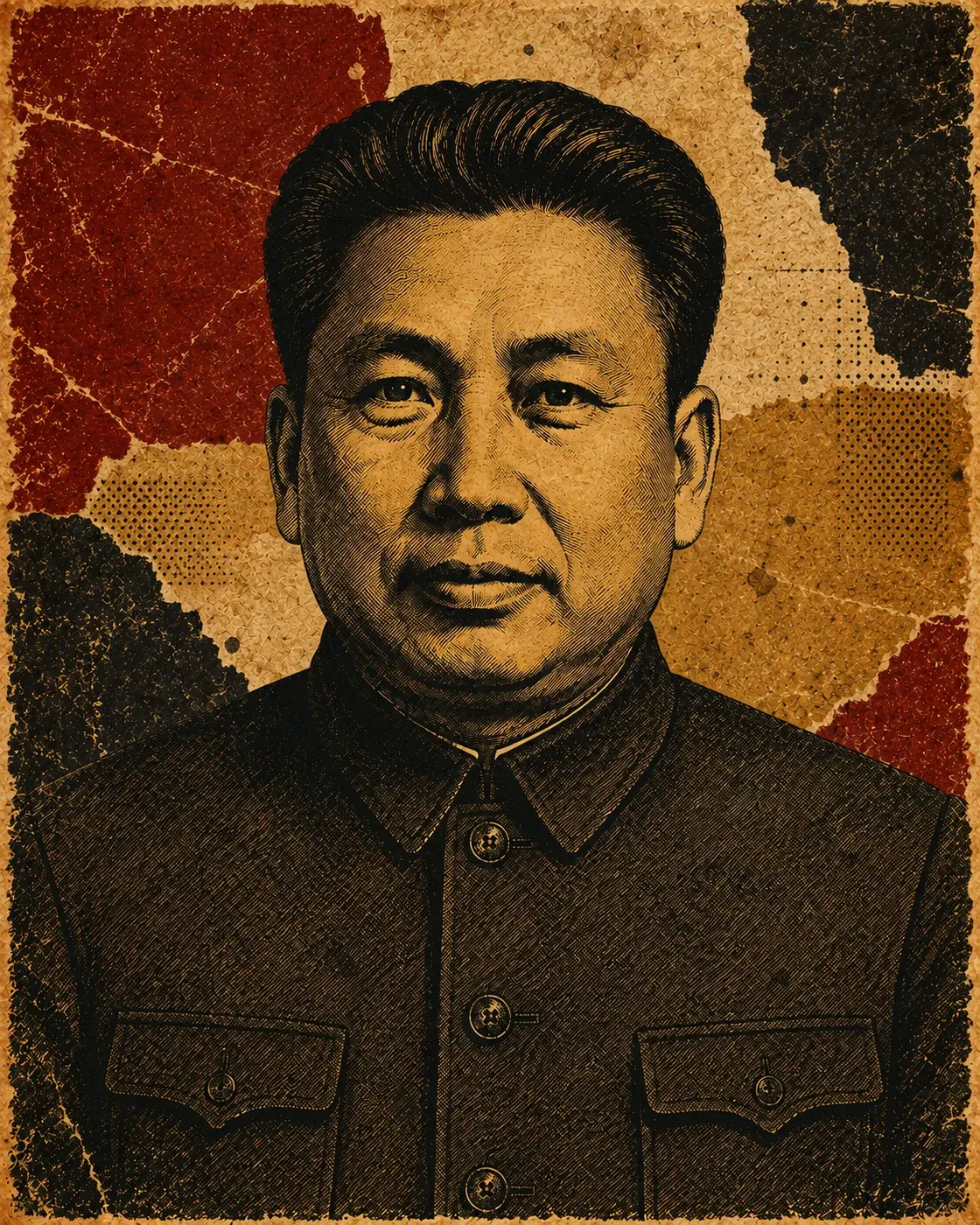 Historical portrait of Pol Pot in poster treatment