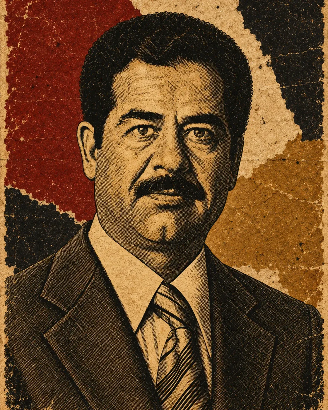 Poster-style historical portrait of Saddam Hussein