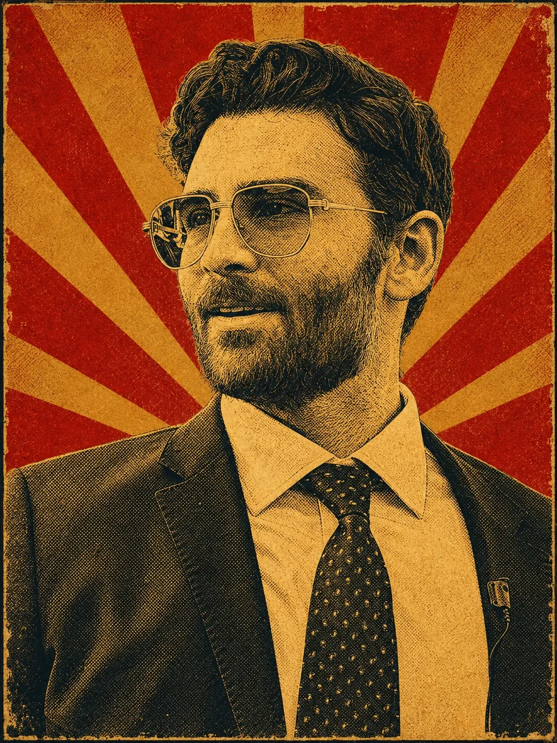 Poster-style portrait of Hasan Piker