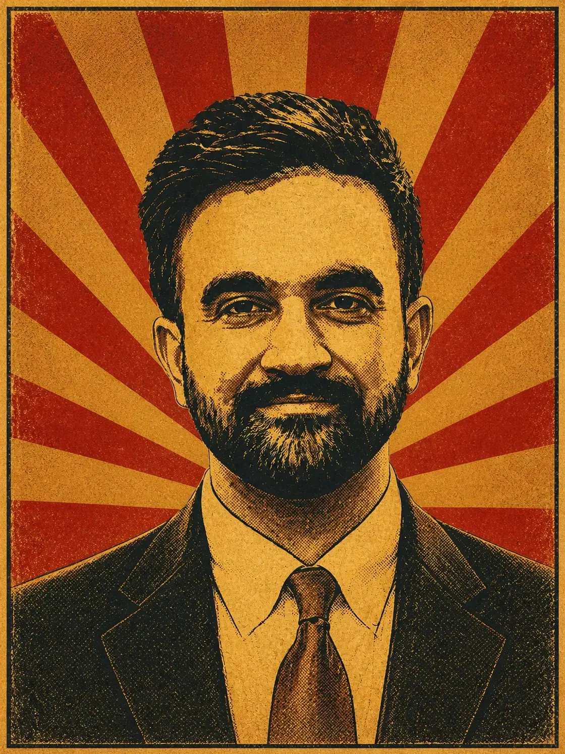 Poster-style portrait of New York City Mayor Zohran Mamdani